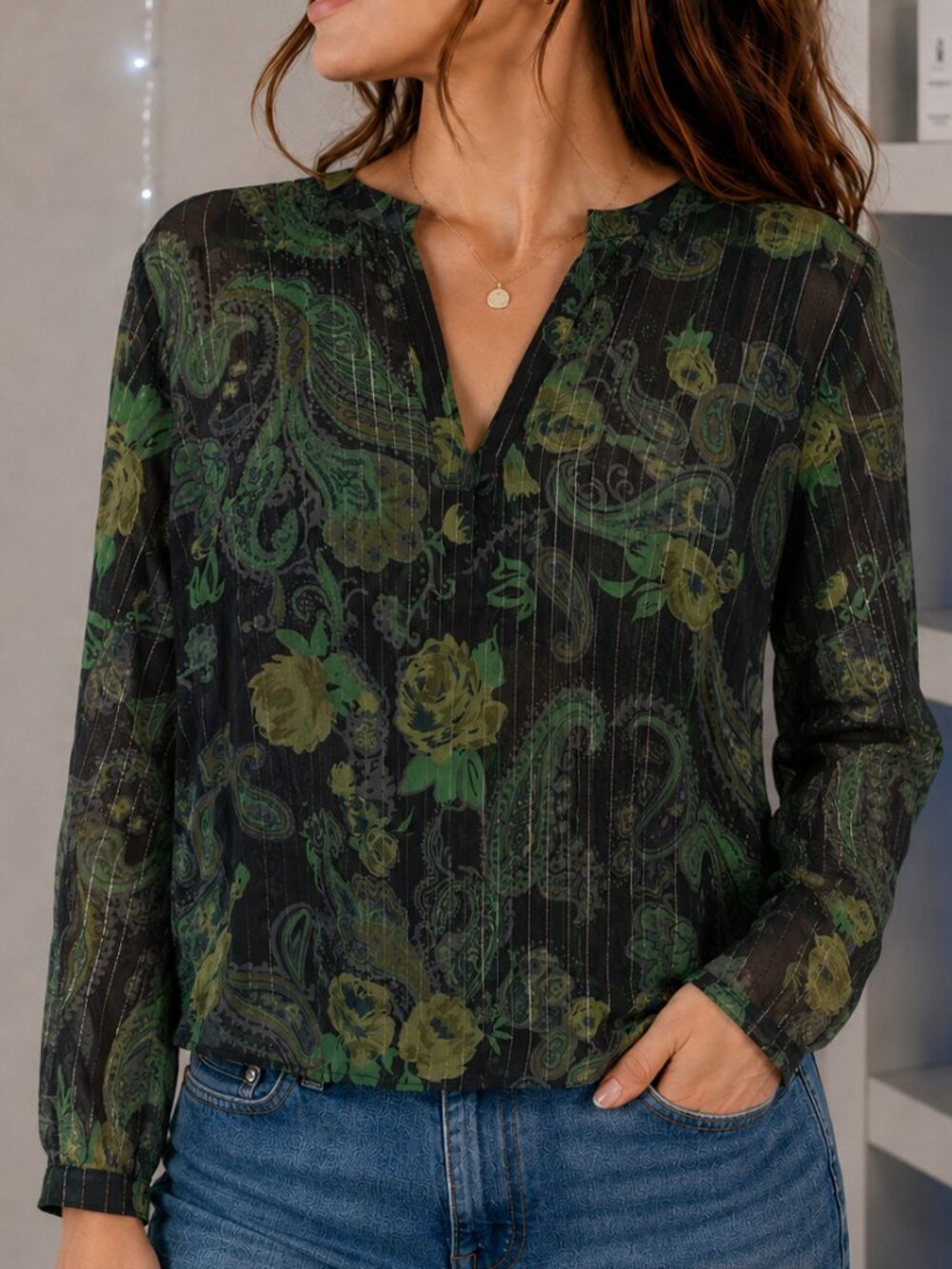 ZERO ZERO Green Paisley Floral Sheer Long Sleeve Blouse Size M